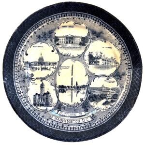 Travel Tourist Souvenir plate Washington DC Landmarks blue white vintage ceramic